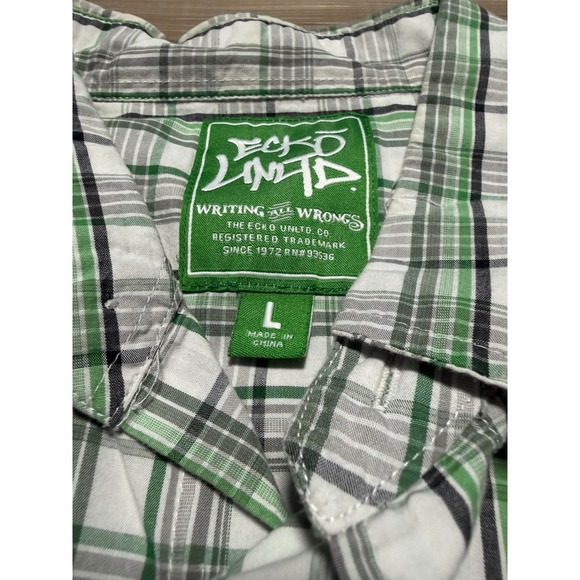 Ecko Unltd Plaid Button Down Shirt Mens Large Green White Cotton Long Sleeve Y2K - Picture 7 of 7